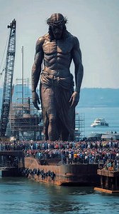 🗿UNVEILED: A monumental Jesus sculpture arrives by sea! Towering above the crowds, the bronze-clad figure was transported into place after years of work. Its bowed head and crown of thorns cast a solemn presence over the waterfront. Crews and onlookers described the unveiling as "a moment of reverence and awe," with many saying it felt less like construction and more like a Revelation from God. #christian #jesus #sculpture #revelation #Bible #fypシ | Kam Lopez