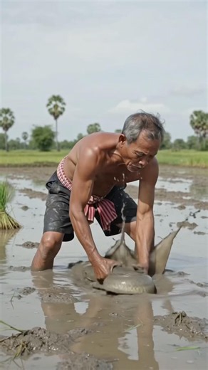 Old Cambodian Man Catches a Giant Fish in a Muddy Rice Field