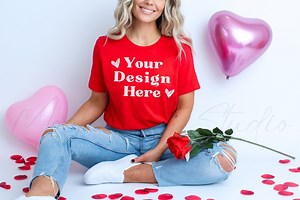 Red Valentines Day Mockup, Bella Canvas 3001 Red Mockup, 3001 Tshirt Mockup, Model Mockup - Etsy