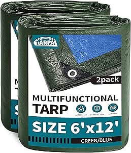 TARPAL 6x12 feet Green Tarp Waterproof (2 Pack) Small tarps Multipurpose Protective Cover All Purpose Poly Tarps Cover for Firewood Outdoor Furniture etc