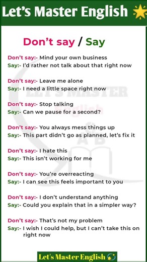 Small changes in English can make a big difference! This reel shows easy swaps that instantly make your sentences sound kinder, softer, and more professional. Speak politely, sound confident, and level up your communication skills—one phrase at a time. 🌟🗣️ #PoliteEnglish #SayThisNotThat #EnglishTips #ImproveYourEnglish #EnglishForDailyUse #SpeakPolitely #SoftEnglish #EnglishLearning #LearnEnglishDaily #CommunicationSkills #ReelsForLearning #FBReels #InstagramReels | Let's Master English
