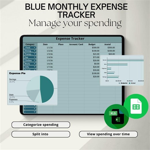 Blue Monthly Expense Tracker Spreadsheet (digital Download) - Etsy