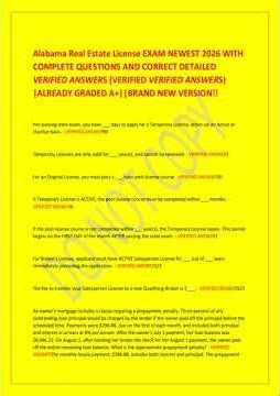 Alabama Real Estate License Exam 2026 TEST BANK Complete Study Guide With A Graded