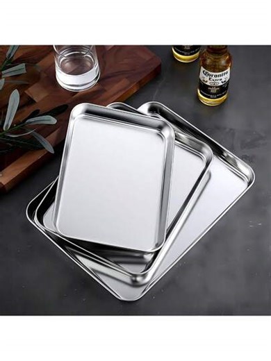 1/3 Pcs Stainless Steel Rectangular Flat Tray/Baking Sheet Set, Available In Large, Medium And Small Sizes, Suitable For Kitchen Supplies, Restaurant Service, Outdoor Barbecue, Party Supplies, Can Be Used As Tray, Baking Sheet, Oven Tray, Cookie Baking Pan, Baking Tools, Tableware, Dessert Tray, Cake Tray, Food Tray, Hot Pot Buffet Set, Snack Tray, Etc. | SHEIN