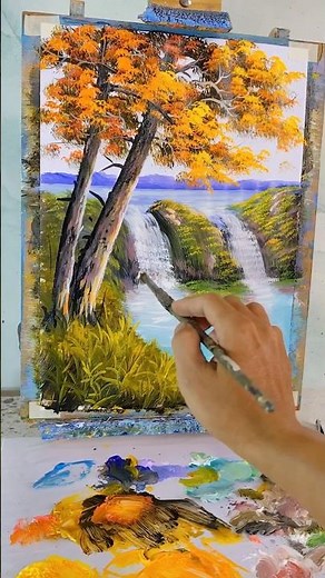 How to Paint a Waterfall Flowing into a Blue Lake | Nature Tree Art #shorts