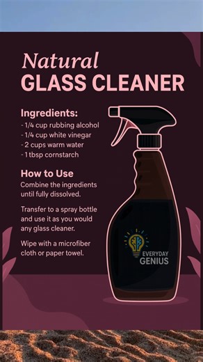 A clean home feels lighter — and making your own natural glass cleaner is easier than you think. ✨🧼 With just rubbing alcohol, vinegar, warm water, and a touch of cornstarch, you get a streak-free, powerful cleaner that works on windows, mirrors, and glass surfaces without the harsh chemicals. It’s eco-friendly, budget-friendly, and leaves your home sparkling. Transfer it to a spray bottle, keep it under your sink, and you’ll always have a safe, effective cleaner ready to go. Save this recipe —