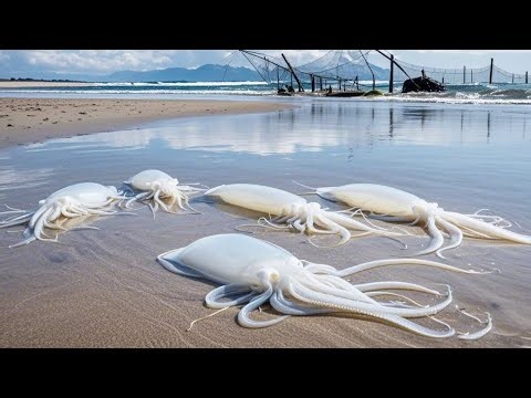 After the tide ebb six full-body transparent squid were found stranded in the net wall. It was too