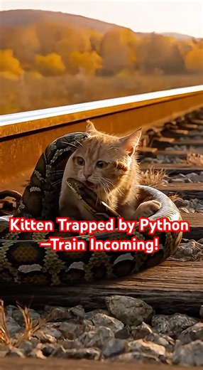 A kitten was trapped by a python on train tracks… an old lady saved it seconds before impact 😳🚆