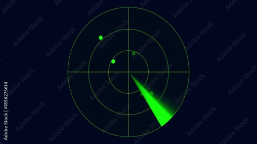 Radar screen scanning for targets showing multiple green blips on a dark blue background indicating detection and tracking of objects.