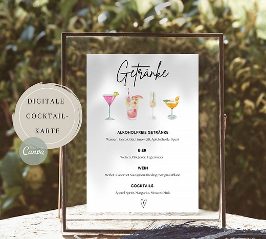 Vorlage Getränkekarte, Karte für Getränke & Cocktails zum Drucken, Hochzeiten, Geburtstagspartys, minimalistische Cocktailkarte, Download - Etsy.de