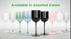 PARTY BARGAINS 5 Wine Goblets - Green Gold Rim (12oz) - Disposable Shatterproof Elegant Design Plastic Wine Glasses with Stem - For Pool Parties, Outdoors Receptions, Weddings