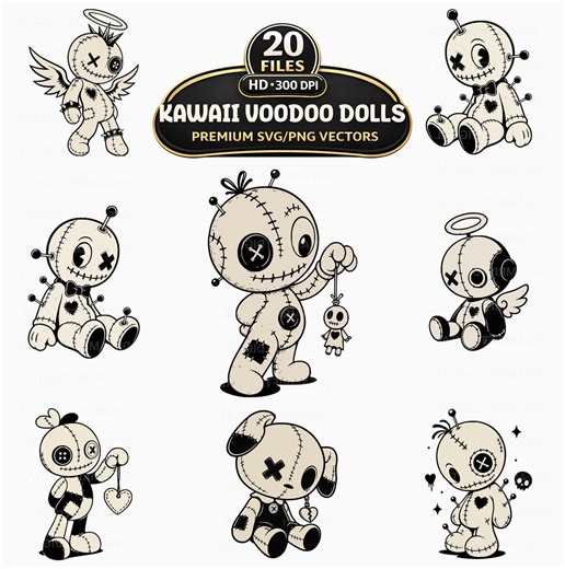 Kawaii Voodoo Doll SVG PNG Bundle, 20 Creepy Chibi Clipart, Gothic Art (Digital Download)