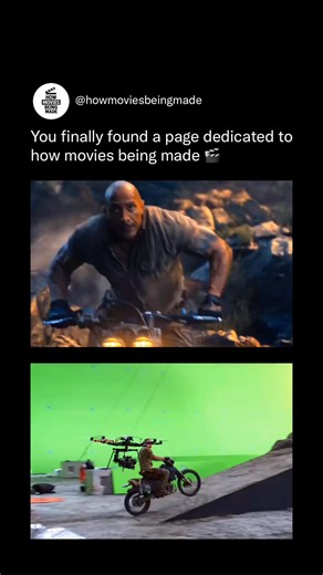 How Movies Being Made on Instagram: "Jumanji mixes real stunts, green-screen sets, and digital environments to create its wild jungle action. Many intense scenes start with practical builds—like rocky platforms or bike ramps—so actors can perform real movements. These shots are later expanded with CGI, turning small sets into massive landscapes full of danger and adventure. The crew also uses drones, motion tracking, and carefully placed lighting to match the digital world that will be added lat