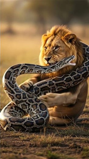 Amethystine python and lion fight