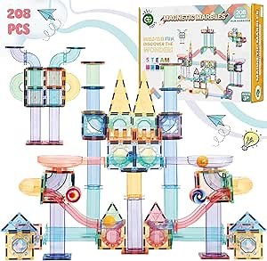 Magnetic Marble Run – 208 PCS Magnetic Tiles & Construction Blocks Set – STEM Building Toys for Boys & Girls Ages 3-9 – 3D Educational Marble Race Game – Gift for Birthdays & Classrooms