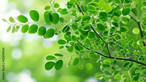 A tree with green leaves and a bright blue sky in the background. The leaves are large and full, giving the impression of a lush, healthy tree. The bright blue sky adds a sense of calm