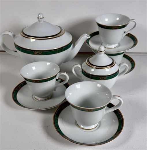 Wedgwood Embassy Collection Fairfield Tea Set Teapot Sugar Bowl 4 Cups Saucers Green Gold Trim Vintage Fine China Japan 1995 - Etsy