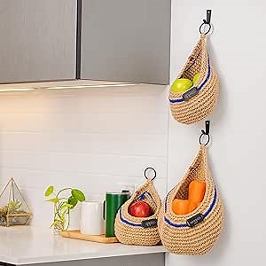Wall Hanging Basket Set of 3 – 100% Natural Jute Hanging Baskets for Organizing – Handmade Hanging Fruit Basket and Hanging Wall Basket w/Extra Strong Hanging Hooks – Home & Kitchen Storage by TheDOM