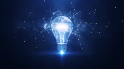 Electric light bulb bright polygonal connections on a dark blue...