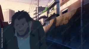 A young cartoon man, looking disheveled and homeless, hides in an alleyway at night. The dark and gritty setting emphasizes his plight and vulnerability