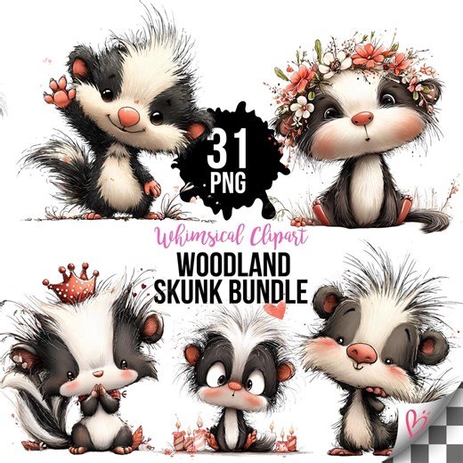 Skunk PNG Bundle, Woodland Animals Clipart, Cute Forest Skunk Clipart, Whimsical Nursery Graphics, Birthday Party Designs, Printable 31 Pngs - Etsy