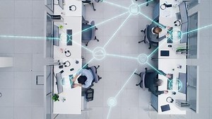 Top Down Footage of a Busy Corporate Office with Tow Rows off Businessmen and Businesswomen Working on Desktop Computers. VFX Animation of Connected Technological Social Network Between Colleagues.
