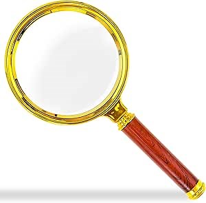 10x Handheld Magnifier, Reading Magnifier for Children Elderly for Hobbies and Science, 80mm Plastic Gold Plated Frame Electroplated Faux Wood Grain Handle