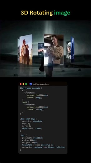 Python Expert🧑‍💻🎉 on Instagram: "3D Rotating Image Gallery 🎥✨ Built a pure HTML & CSS setup that places photos in a 3D ring and rotates them using transform: rotateY() with perspective for real depth. Perfect mini‑project to understand 3D transforms, keyframe animations, and how to create a cinematic image slider without JavaScript. 3d rotating image gallery, css 3d image slider, rotateY animation, pure css image carousel, css3 transforms, perspective in css, 3d photo gallery, frontend anima