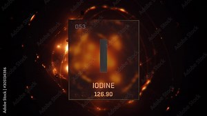 Iodine as Element 53 of the Periodic Table. Seamlessly looping 3D animation on orange illuminated atom design background with orbiting electrons. Design shows name, atomic weight and element number Stock Video