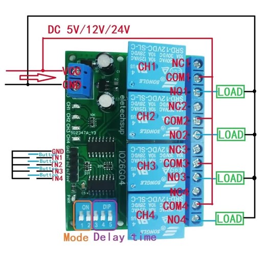 IO26G04 4ch DC 5V 12V 24V DIP Switch Delay Relay Module Flip-Flop Latch Bistable Self-locking Interlock Latch Power Conditioner
