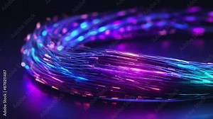 shining fiber optic cable. Information flows through wires. Concept of technology and information transfer. Modern violet blue color spectrum.