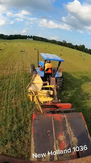 Picking up hay with the New Holland TB120 and 1036 Bale wagon. Let me know what brand hay equipment you use #balewagon #hay #farmer #farmlife #virals #foryoupage #tractor #fypシ #farm #newholland #stackliner #farming #fyp #wagon #bale #straw | Jacobsfarmlife