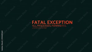 Fatal exception text flashing on screen, computer malfunction, hacking attack. Computer system crash, error message on screen