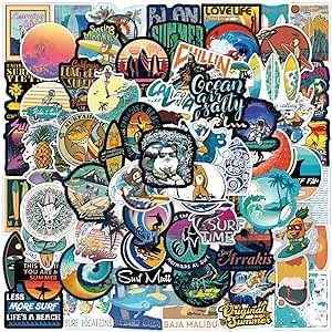 Cool Surf Stickers,Summer Beach Stickers for Water Bottles Skateboard,100 Sheets Sticker Packs for Adults Men Boys Teens Girls Laptop Luggage Cups Waterbottle Guitar