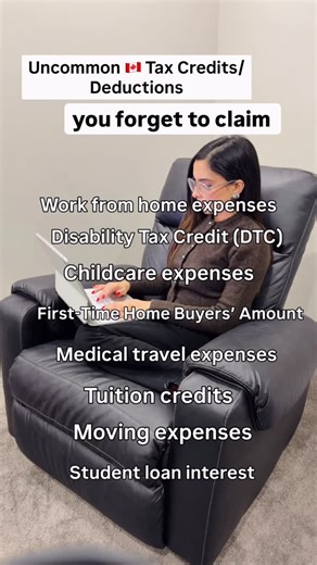 Toronto Tax Boutique - Manav & Karishma on Instagram: "Uncommon 🇨🇦 tax credits & deductions you forget to claim 👀💸 Most people pay for these… but never claim them on their tax return 👇 ✔️ Work-from-home expenses Rent, internet, utilities & supplies — if your employer allowed you to work from home, you may qualify (T2200 required). ✔️ Disability Tax Credit (DTC) For long-term physical or mental impairments. Can mean thousands in refunds, plus retroactive claims. ✔️ Childcare expenses Daycare