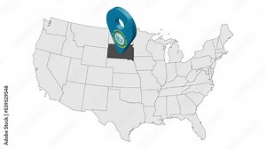 Location State of South Dakota on map USA. 3d State South Dakota flag map marker location pin. Map of United States of America showing different states. Animated map States of USA. 4K. Video