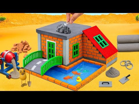 DIY Mini Brick House with Built-In Fish Pond & Small Bridge | Mini Construction Project