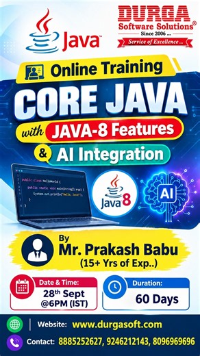 CORE JAVA with JAVA-8 Features & AI Integration Online Training @ DURGASOFT #durgasoftware #corejava