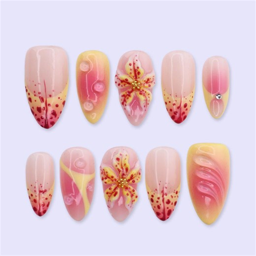 Tropical Hibiscus Press on Nails in Pink & Yellow | 3D Flower Medium Almond Handmade Fake Nails | Summer Nail Art for Vacation, Beach, Party - Etsy
