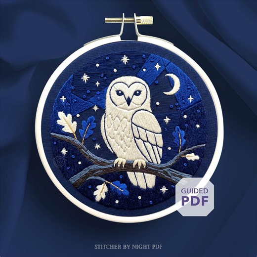 snow owl hand embroidery pattern PDF * night time forest ornament * whimsical woodland creature * white bird hoop art * mystical stitch