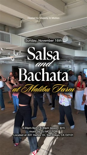 Sundays are better when you dance by the bay. 🌊 Join us this Sunday, November 16th at Malibu Farm! 🥳💯 Start your evening with a 4:30PM lesson, then dance the night away from 4:30PM–9PM to the hottest tracks by DJ Mo Lyon 🎶 📍 831 W Harbor Dr, San Diego, CA 92101 💸 $15 cover 📲 Download our app: Majesty in Motion Because Sundays are better when you dance by the bay. 🌊❤️ #MajestyInMotion #SalsaSocial #BachataSocial #SanDiegoDancers #DanceByTheBay #MalibuFarmSD #SalsaBachataVibes | Majesty in