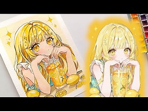 How to Draw a Cute Anime Girl Holding Lemonade with Watercolor | Anime Girl Drawing Tutorial