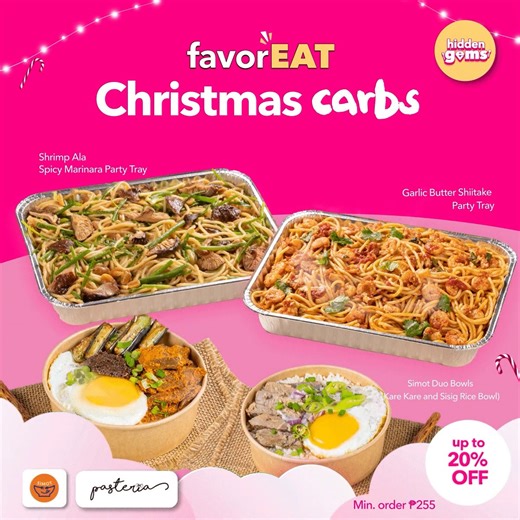 It's Christmas in our carbs! This season may we never forget to enjoy up to 20% off carbs from Simot and Pasteria. Order now. 👉🏻https://bit.ly/FPhiddengemsph #HiddenGems | foodpanda