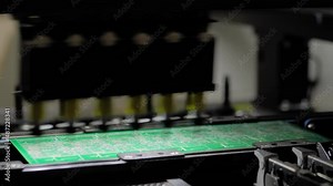 Slow motion: assembly of printed circuit board - automatic SMT pick and place machine installing SMD electronic components - close up. Industrial, robotic, technology and manufacturing concept