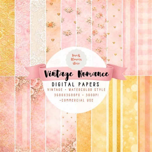 Vintage Romance Digital Papers Watercolor Collection Soft Pink and Gold DIY Projects Craft and Design Commercial Use - Etsy