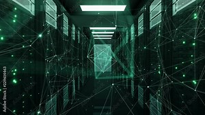 Chaotic Network Connections Establishing and Breaking Flying in Abstract Data Center Server Racks Room. Looped 3d Animation. Futuristic Digital Technology Concept. 4k Ultra HD 3840x2160.