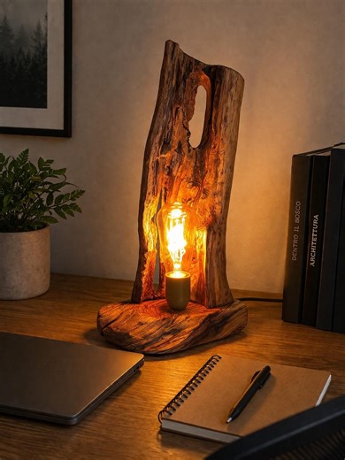Table lamp with olive tree trunk