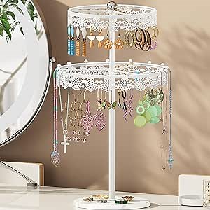 Jewelry Earring Holder Organizer - Rotating Earring Stand Tree with 250 Holes and 15 Necklaces Hang Beads - Metal Earring Tower Rack Display with Marble Base