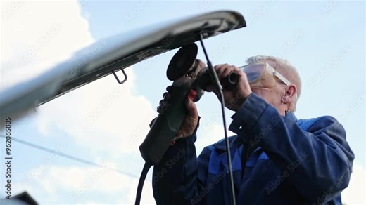 Car body shop. Repair man processes the welding seam using an angle grinder on replaced car part. Professional Body master grind old paint and rust. Rusty damage. Rusting car. Hands with tool close-up