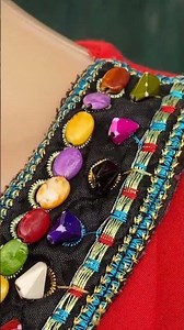 Boho Hippie Gypsy style red blouse with long sleeves and "V" neck. Beads and lace embroidery.